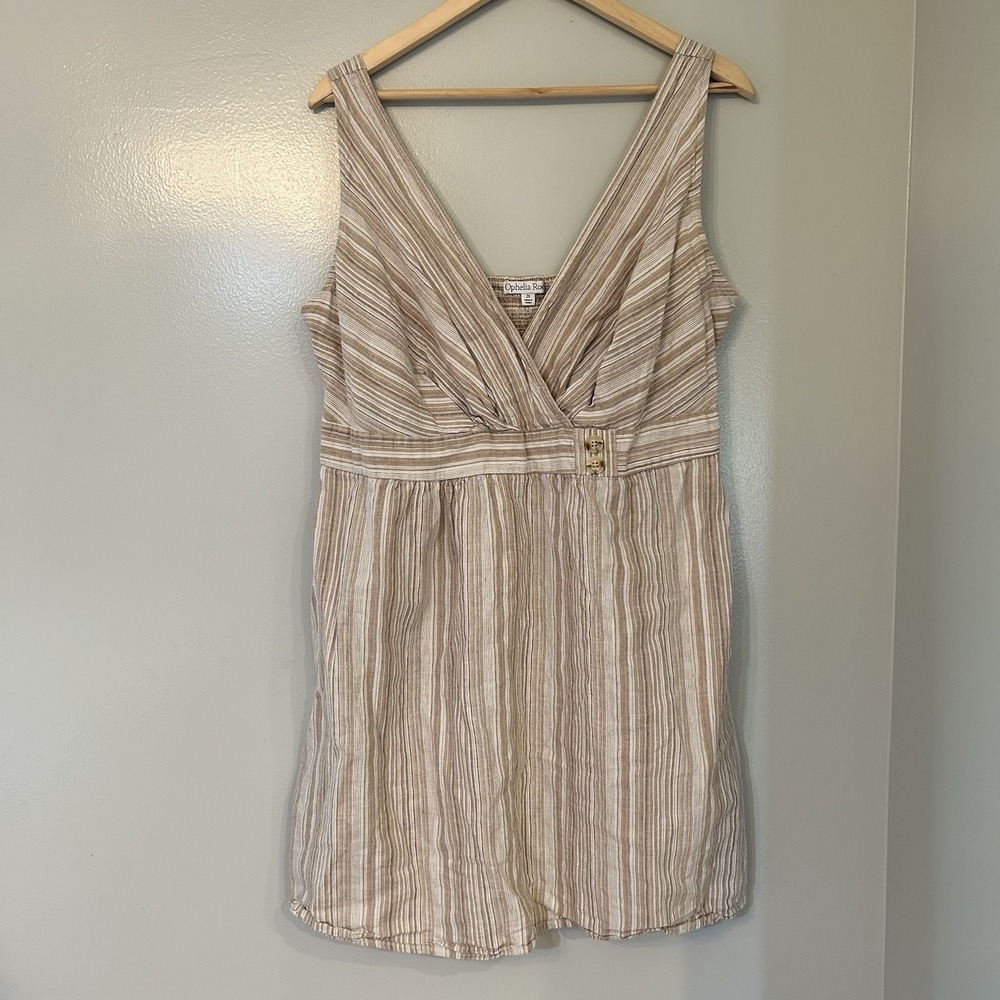 Ophelia Roe Linen Blend Smocked Back Mini Dress Beige Striped  2X Cottagecore